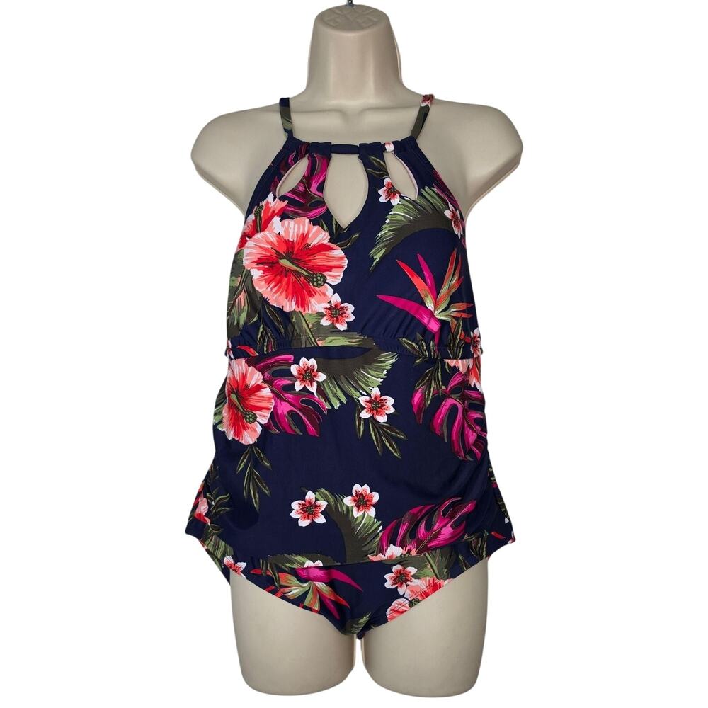 Kona Sol Swimsuit Womens Plus Size 16W Blue Tropical Floral One Piece Lined NEW